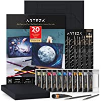 Arteza Juego de pintura gouache- 12 pinturas metálicas de gouache y paquete de lienzos plegables de papel negro…